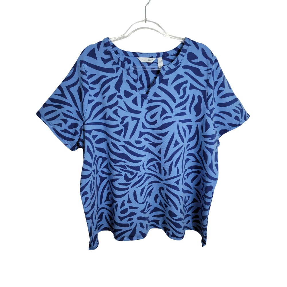 Sport Savvy Women 3X T-Shirt Blue Abstract Split Neck Short Sleeve Casual Top